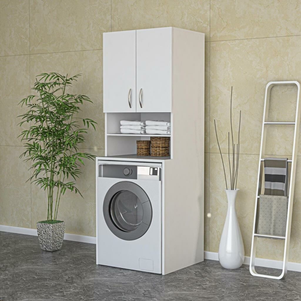 Banyo ve Alt Üst MDF Çamaşır Makinesi Dolabı Kapaklı Dolap