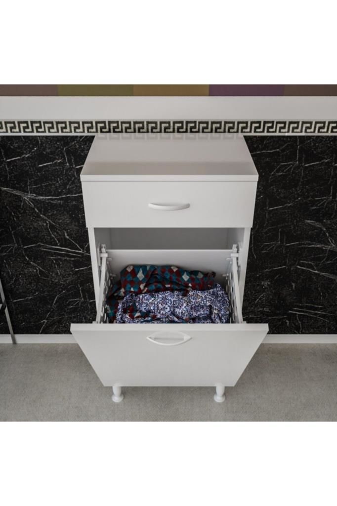 MDF Banyo Kirli Çamaşır Sepetli Çekmeceli Dolap