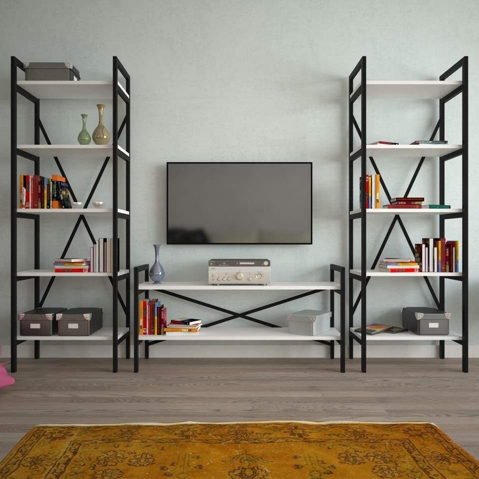 EraHome 2 Raflı Metal TV Ünitesi + 2 Adet 60 cm Kitaplık Beyaz