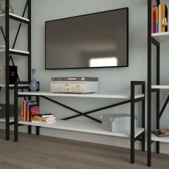 EraHome 2 Raflı Metal TV Ünitesi + 2 Adet 60 cm Kitaplık Beyaz