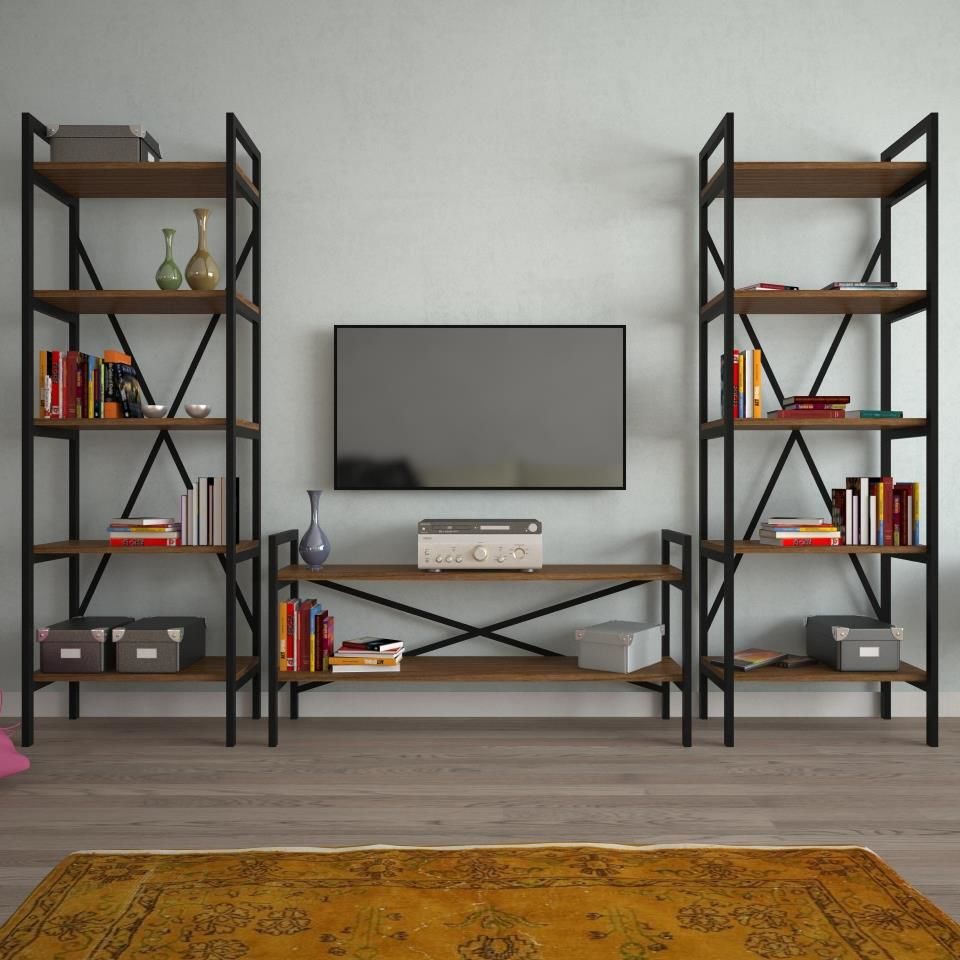 EraHome 2 Raflı Metal TV Ünitesi + 2 Adet 60 cm Kitaplık Ceviz