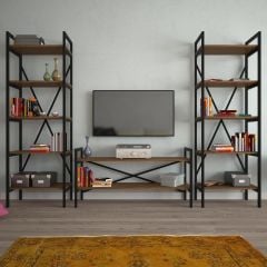 EraHome 2 Raflı Metal TV Ünitesi + 2 Adet 60 cm Kitaplık Ceviz