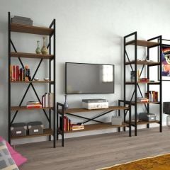 EraHome 2 Raflı Metal TV Ünitesi + 2 Adet 60 cm Kitaplık Ceviz