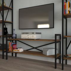 EraHome 2 Raflı Metal TV Ünitesi + 2 Adet 60 cm Kitaplık Ceviz