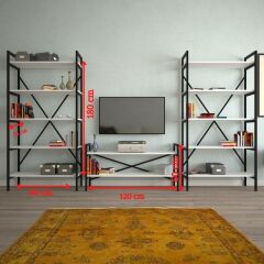 EraHome 2 Raflı Metal TV Ünitesi + 2 Adet 90 cm Kitaplık Beyaz