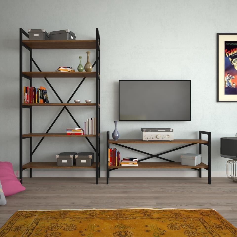 EraHome 2 Raflı Metal TV Ünitesi + 1 Adet 90 cm Kitaplık Ceviz