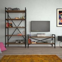 EraHome 2 Raflı Metal TV Ünitesi + 1 Adet 90 cm Kitaplık Ceviz