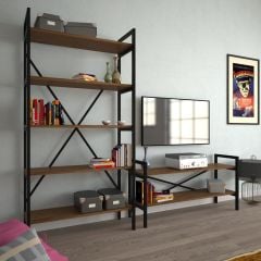 EraHome 2 Raflı Metal TV Ünitesi + 1 Adet 90 cm Kitaplık Ceviz