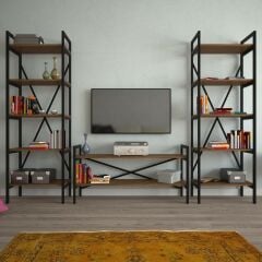 2 Raflı Metal Tv Ünitesi + 2 Adet 60 cm Kitaplık Ceviz