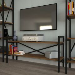 2 Raflı Metal Tv Ünitesi + 2 Adet 60 cm Kitaplık Ceviz