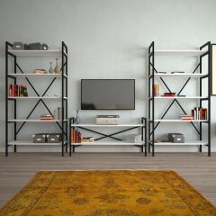 2 Raflı Metal Tv Ünitesi + 2 Adet 90 cm Kitaplık Beyaz