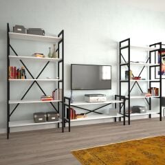 2 Raflı Metal Tv Ünitesi + 2 Adet 90 cm Kitaplık Beyaz