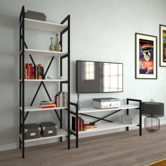 2 Raflı Metal Tv Ünitesi + 1 Adet 60 cm Kitaplık Beyaz