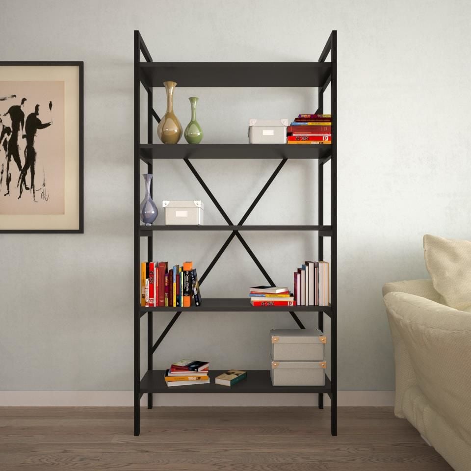 5 Raflı Metal Kitaplık 90x180x35 Siyah